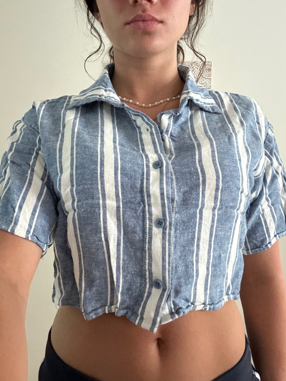 Striped Blue Cropped Button-Up Top